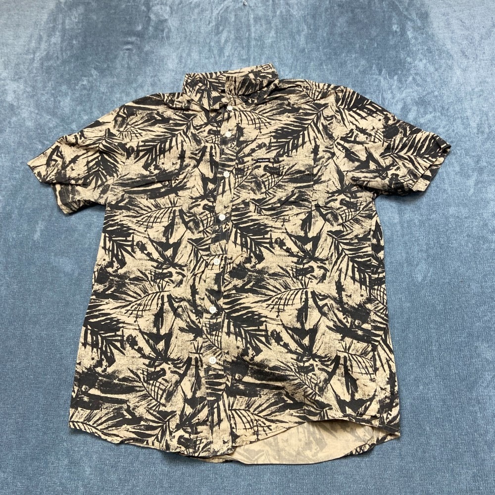 Volcom Hawaiian Shirt Mens Medium Beige Black Tropical Beach Surfing Button Up